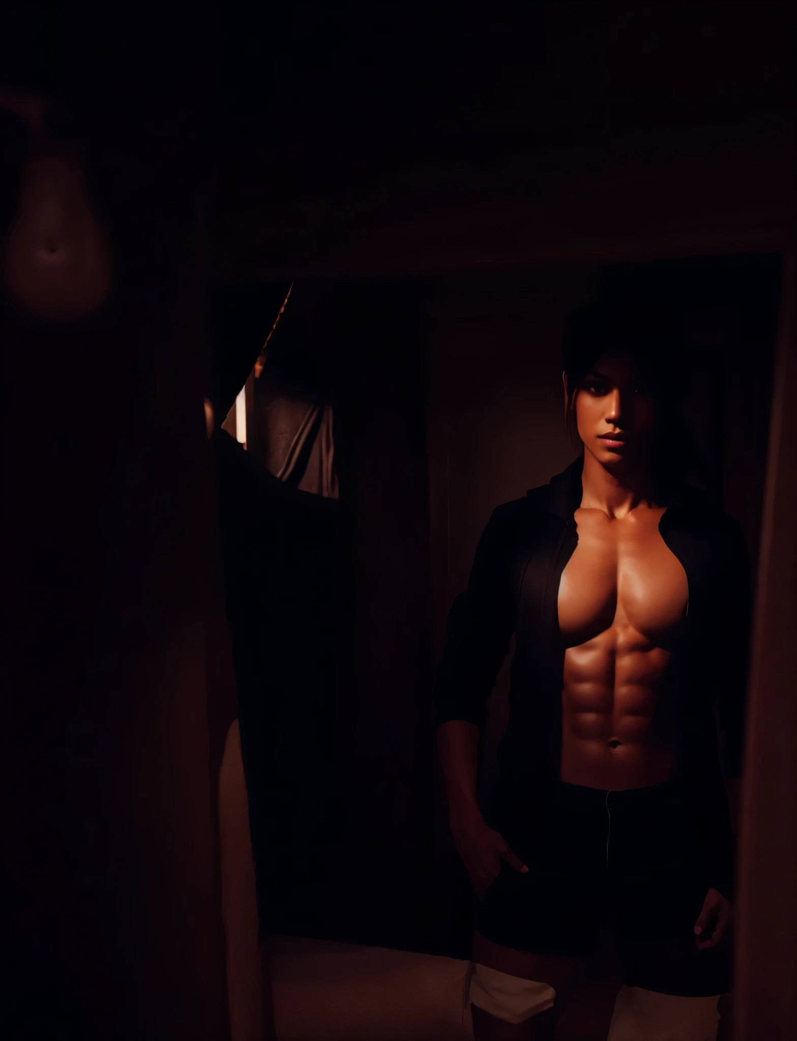 Sexy Guy, Black Curly Hair, Dark Brown Eyes, Wearing Dark Purple Hoodie, Wearing Black Boxer Briefs With Bulge, Using Black Surgery Mask, In Front Of A Night Rain Window In The Bedroom, Guweis Style, Style 3d Realístic Anime