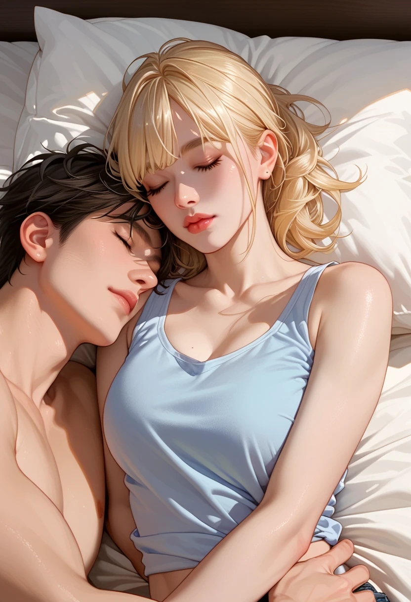 1 girl, Wear a tank top, Bangs, Sleeping cuddly with 1 man 