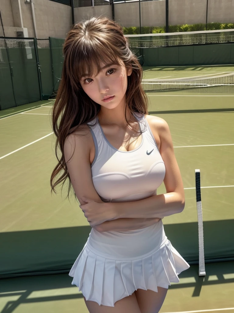 tennis coat、blue-sky、super realistic 8K、hight resolution、masterpiece、top-quality、((wide angle photograph))、foco nítido、(cinematlic lighting)、beautiful lighting、Cute s、sixteen years old、teats、Shoulder out、Chest out、Tank tops(1:3),Buruma、Schools、Gymnasium、Desportivo、large full breasts、high socks