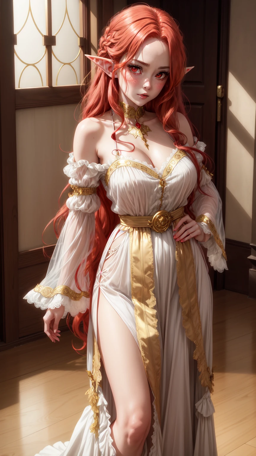 Create a detailed live-action image of a female Kurama from Yu Yu Hakusho. She should have an elegant and graceful appearance with an exceptionally large chest. Her outfit should be a flowing, form-fitting modernized version of Kurama’s traditional attire, designed with a plunging neckline to emphasize her chest. Ensure the outfit retains elements of the original design, such as the color scheme and detailing, while fitting her feminine form. Her long hair should be styled in a more feminine way but still reflect Kurama’s signature look. The background should be a realistic, mystical garden or forest, featuring lush vegetation and soft, natural lighting to convey Kurama’s connection to nature. Pay attention to the atmosphere to highlight her serene and powerful presence,red hair