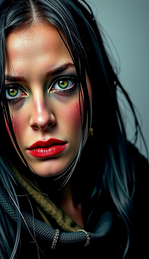  40-year-old woman , black hair, long,  green eyes , focados, green lips, scar. 