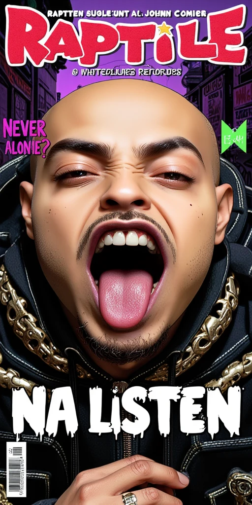 2D Character Nztykle as a comic::7.2 . The man is Muscular Wearing Streetwear, the man has super close shaven skin Bald Head::5.1 , Marvel comic book cover in the style of the, 2000s, with a MASCULINE man rapper wearing Streetwear character,  with the title "NA LISTEN", 2000s comic book cover featuring the Man, wearing a Hi end Designer luxury gucci Pastel colored sweatsuit, designer moncler bubble jacket and ripped skinny jeans, tons diamond chains from johnny Dang, perfect masterpiece, high quality, high resolution, large, 8k, cinematic. The man should be depicted with exaggerated and distant facial expressions, using thick lines, bold shadow cracks and deep shadows, highlighting its chaotic and intense nature. The cover should have a worn and distressed texture, with a soft color palette of purples, greens and reds to evoke a sinister yet retro feel. In the background, show a gritty urban scene. The a man should be in a dynamic pose, embodying his unpredictable and dangerous personality. Add classic comic book elements like a bold title ('Raptile Records: '), a scary subtitle ('NEVER ALONE?'), and 'Written by Na Listen' as the author. Include the issue number (#1), a small price (e.g. '10¢'), and a publisher's logo in the corners. Keep the layout clean but intense, focusing on  twisted personality while maintaining the aesthetic of 2000s comics.