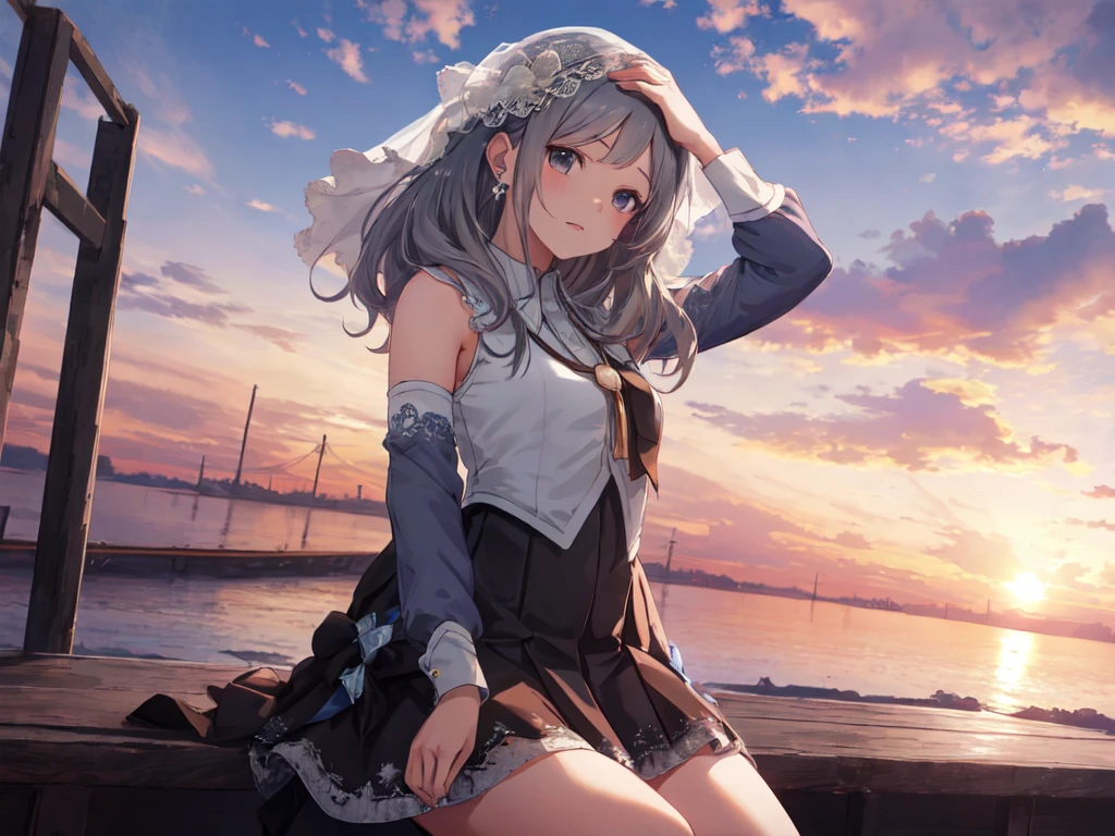 Solo, 1 Girl, (Human Ear, Earring), (Long Hair, Hair Accessory), (Anime Face), (Woman Sitting, Hands on Head), (Lacey Black Wedding Dress, Lacey Black Skirt), (Sunset Sky, Sunset Sun, Evening Sky), (Focus on Chest, Oblique Angle), (High Resolution, Masterpiece, Accurate, Anatomically Correct, Multiple Awards, Top Quality, Detailed, High Quality Model, High Quality, Quality, Retina, Highly Detailed, Textured Skin, Ultra High Resolution).