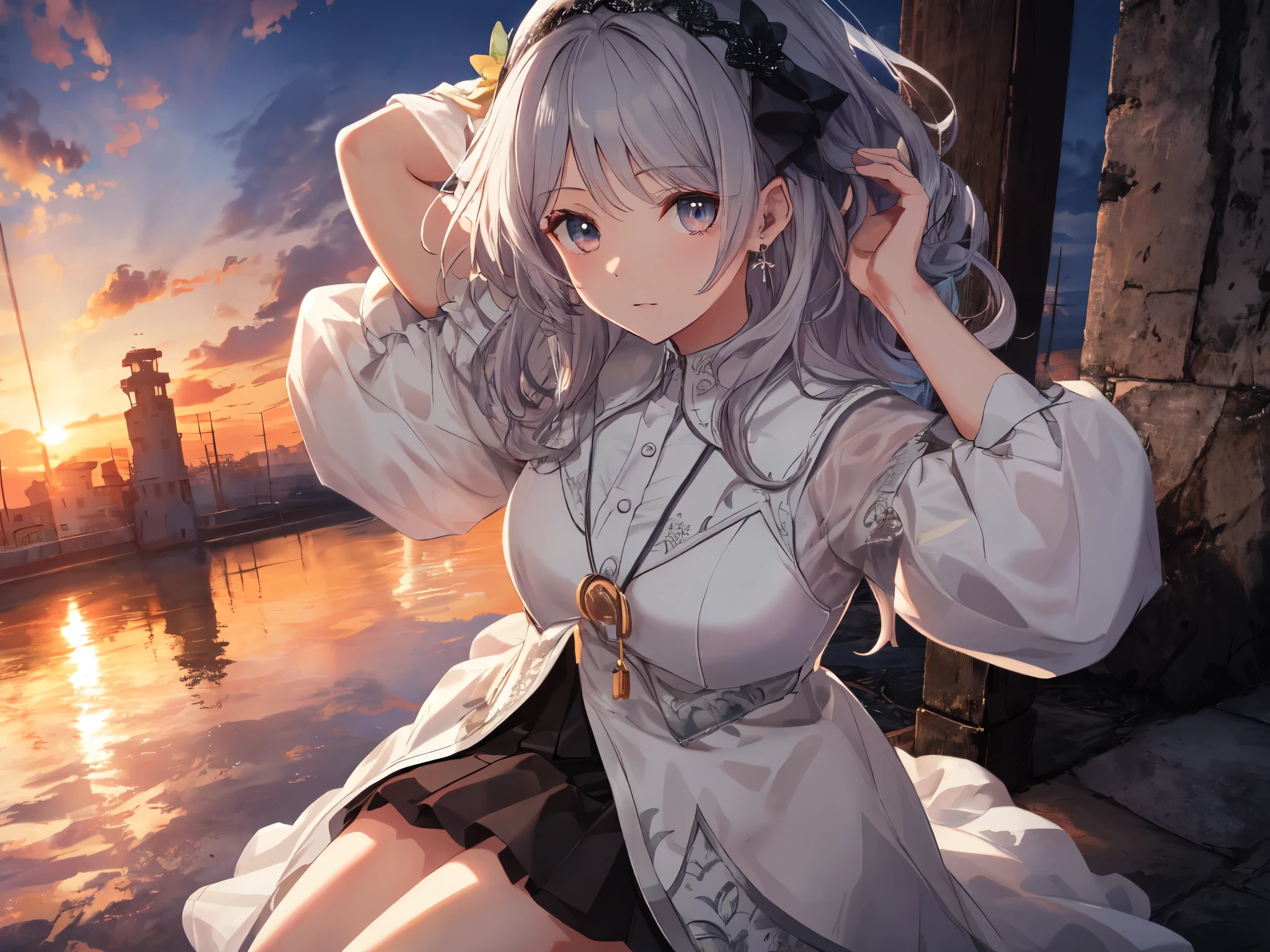 Solo, 1 Girl, (Human Ear, Earring), (Long Hair, Hair Accessory), (Anime Face), (Woman Sitting, Hands on Head), (Lacey Black Wedding Dress, Lacey Black Skirt), (Sunset Sky, Sunset Sun, Evening Sky), (Focus on Chest, Oblique Angle), (High Resolution, Masterpiece, Accurate, Anatomically Correct, Multiple Awards, Top Quality, Detailed, High Quality Model, High Quality, Quality, Retina, Highly Detailed, Textured Skin, Ultra High Resolution).