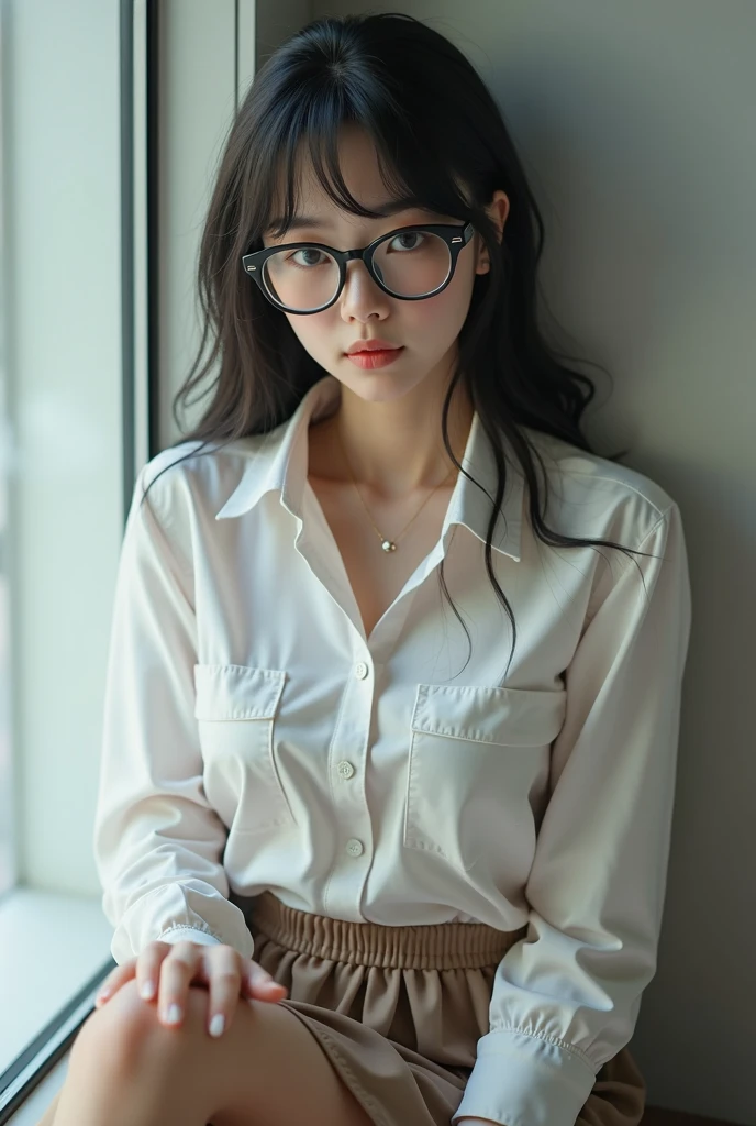 ((Perfect anatomy with detailed limb depictions)) ,4K,Tabletop,RAW Photos,最high quality,Realistic,Highly detailed CG Unity 4K wallpaper,Written boundary depth,Light from the window like a scene from a movie,Lens flare,Ray Tracing,(Very beautiful face,Beautiful Lips,Beautiful Eyes),Intricately detailed faces,((Highly detailed skin)),1 person,Contrast of morning light and deep shadows,(((A cute and elegant Shiho-san with glasses, raised as a young lady, sitting by the window at a coffee shop in the morning))),Japanese Idol,1 person,(Elegant behavior:1.3),(((Standing in front of a table with hands behind one's back))),(Heartwarming:1.3),(((The red thick-rimmed glasses look great on her.))),(A modest blouse, baggy jeans, and pumps for everyday wear),(Beautifully blurred background with deep depth of field),(Round table by the window with wooden chairs:1.3),Beautiful necklace, cute earrings and bracelet,Clear Eyes,(大きな目にHigh nose),An innocent smile,(Literary woman),(Full body shot with background),((Standing in front of a chair with knees together:1.3)),Tilt your head,Beautiful fingertips like white fish,E-cup beautiful breasts,(Full body shot from behind),focus on,In front of eyebrows,Beautiful ponytail,Highly detailed face,4K Digital SLR,high quality,Film grain effect,Fujifilm XT3 style,Classic Movie Scenes,(Saiharu Body),(Delicate eyes and face),Professional Perspective,Amazing details,1 personの少女に凝縮された美しさ,D-cup beautiful breasts,繊細でHigh noseを持つ美しい顔,Long limbs like a model,High nose,Clear chestnut eyes,Glossy Lips,
