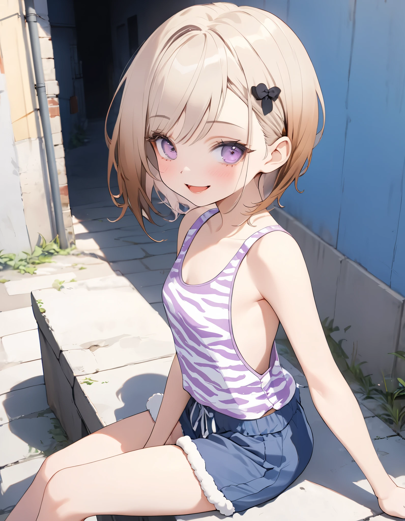 flat color, flat shading, ((Masterpiece)), ((best quality)), (Professional Photography:1.2), (very aesthetic:1.2), (absurdres:1.2), (wide shot), cinematic lighting, (sharp focus), (perfect light), ((1girl)), ((12 years old)), (Girl of short stature), messy medium hair, Beautiful collarbone, ((Embroidered Tribal black tubutop)), strapless, (bare arms), cute navel, (Tribal boxer shorts), (Healthy slim body), (loose blunt bangs), Slender body, glossy skin, (naughty smile), open mouth, ((Beautiful purple eyes)), Textured skin, (Cat ears), (Pale brown hair), Cute Beautiful Girl, (slightly exposed small chest), BREAK, ((best quality)), (RAW photo:1.2), ((1girl)), (loose sitting against the Brick wall with roses), Wall with graffiti of roses, (sharp focus), (perfect light),