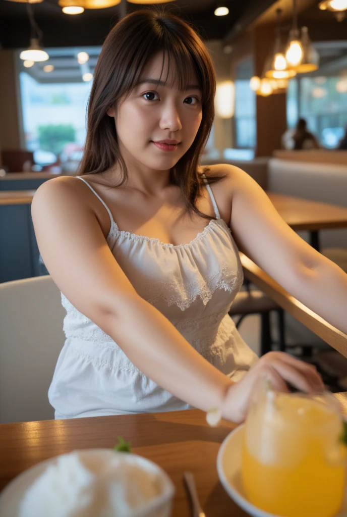 photography of a fat girl, wearing  summer dress, at the restaurant, enjoying, girl, summer, hot girl, large bust, black hair, long_hair, looks into the camera, zoomed out,full body shot, symmetrical face, photorealistic, photography, spectacular lighting,, gorgeous, cleavage, Asian, (masterpice), best quality, high resolution, extremely detailed, skin with pores, depth of field, cinematic lighting