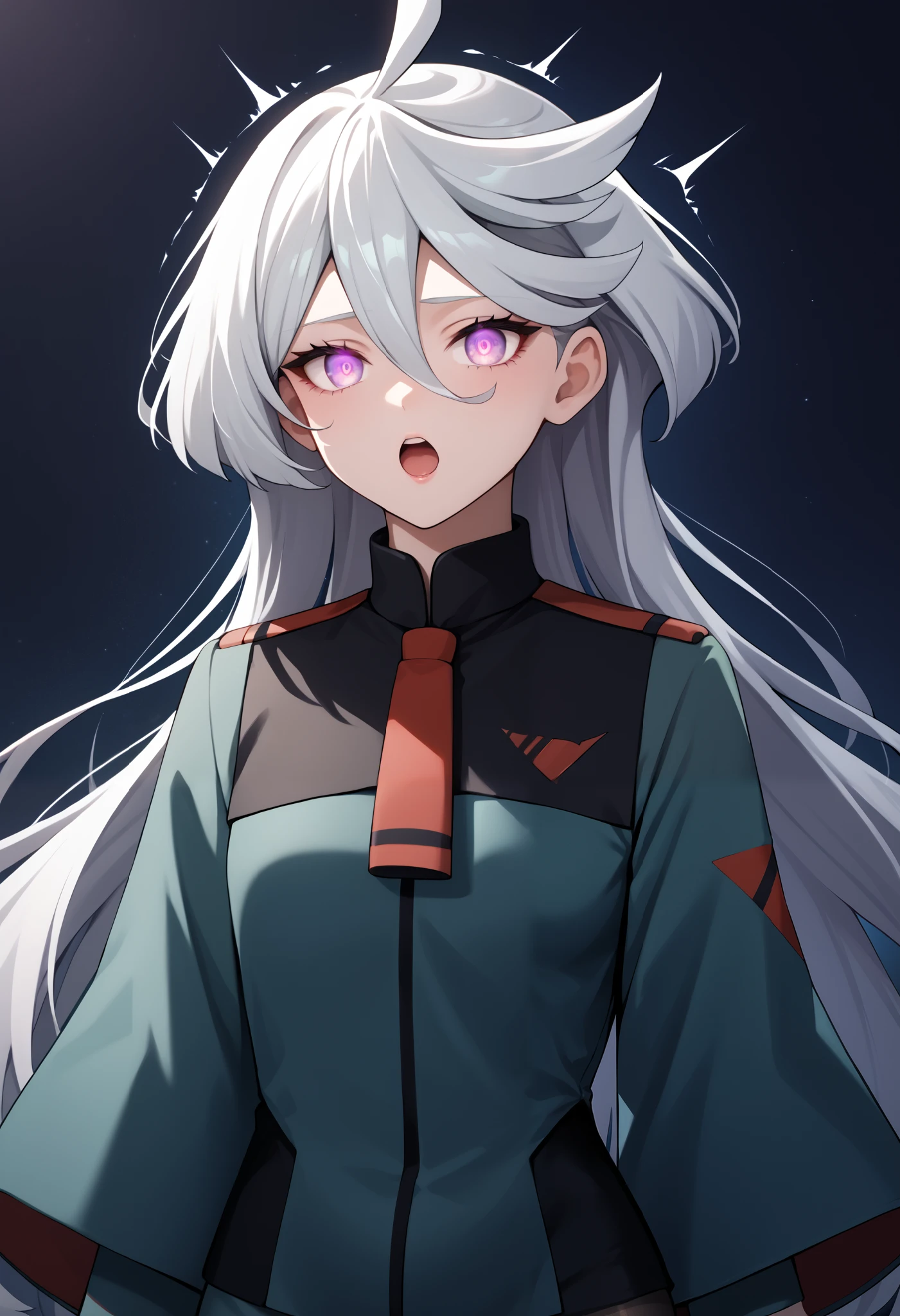 score_9, score_8_up, score_7_up, score_6_up, source_anime, 1 girl, miorine rembran, ahoge, purple eyes, glowing eyes, grey hair, hair between eyes, long hair, swept bangs, asticassia school uniform, front-seamed legwear, green jacket, green shorts, jacket, long sleeves, pantyhose, pantyhose under shorts, school uniform, seamed legwear, shorts, shoulder boards, wide sleeves, head be streched by two hand of other person, painful expression,trembling, void eyes, opened mouth,upper body,simple background