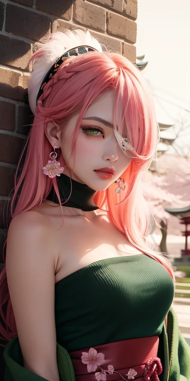 (Masterpiece, Excellent, 1girl, solo, complex details, color difference), realism, ((medium breath)), off-the-shoulders, big breasts, sexy, Yae Miko, long pink hair, red headdress, red highlight, hair above one eye, green eyes, earrings, sharp eyes, perfectly symmetrical figure, choker, neon shirt, open jacket, turtleneck sweater, against the wall, brick wall, graffiti, dim lighting, alley, looking at the audience, ((mean, seductive, charming)), ((cherry blossom background ))),((Japanese temple background)))), (((Glow-in-the-dark background)))