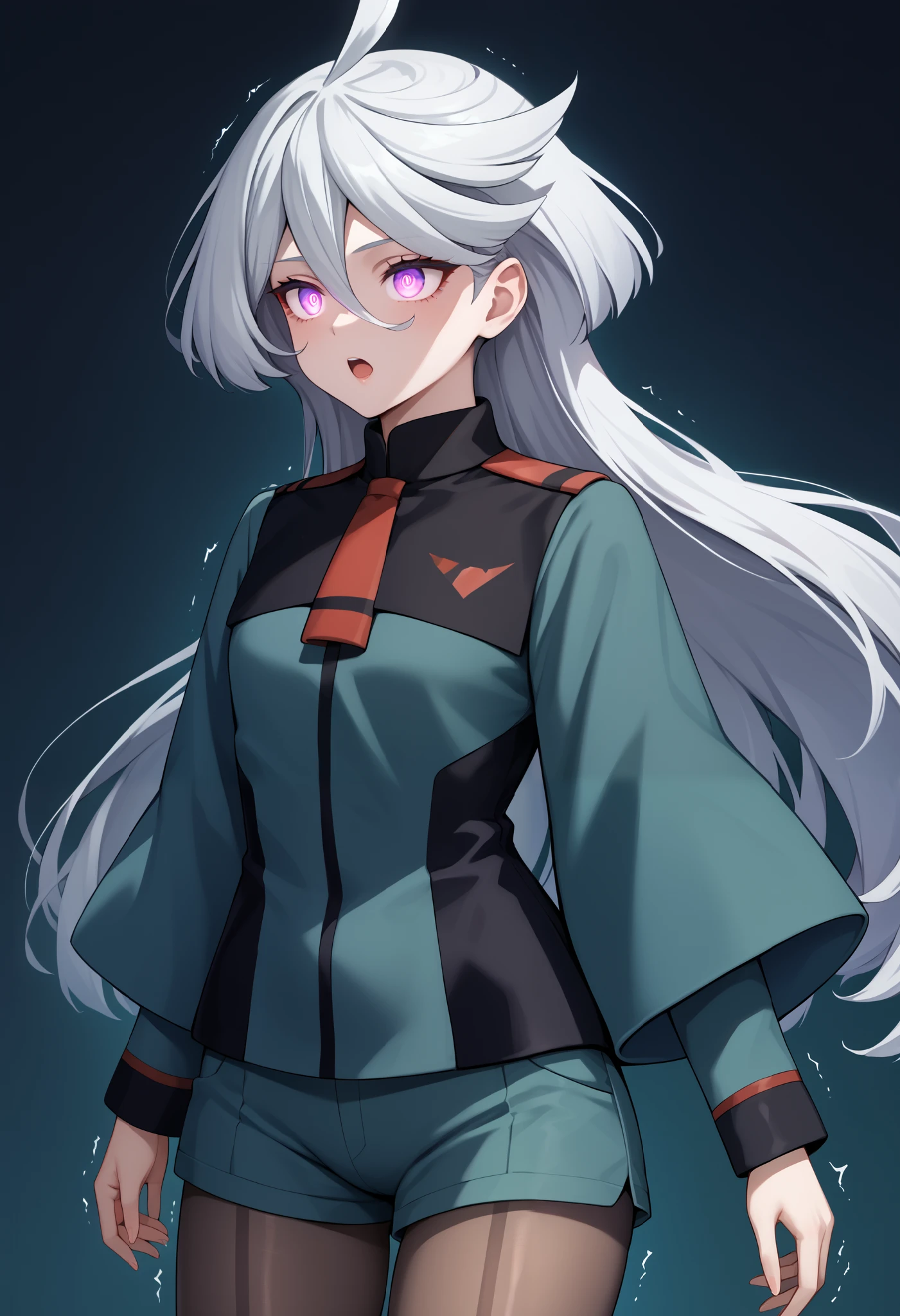 score_9, score_8_up, score_7_up, score_6_up, source_anime, 1 girl, miorine rembran, ahoge, purple eyes, glowing eyes, grey hair, hair between eyes, long hair, swept bangs, asticassia school uniform, front-seamed legwear, green jacket, green shorts, jacket, long sleeves, pantyhose, pantyhose under shorts, school uniform, seamed legwear, shorts, shoulder boards, wide sleeves, hypno wave, shaded face, painful expression,trembling, void eyes, opened mouth,cowboy shot,simple background