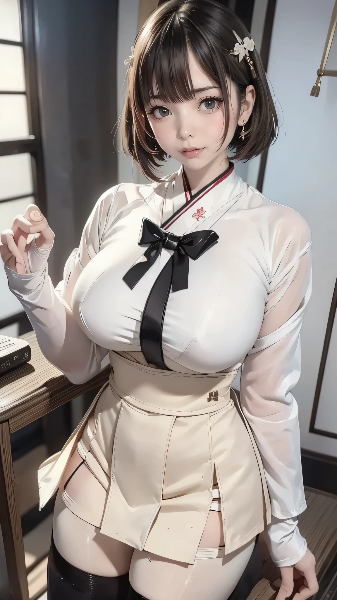 beautiful eyes、(Light beige hair color)、((((japanese school uniform))))、((((black tights))))、(((upper body covered with cloth)))、(huge breasts:1.1)、blunt bangs、short hair、straight hair、white skin、strong lighting throughout the body、black background、knee high socks、embarrassing smile