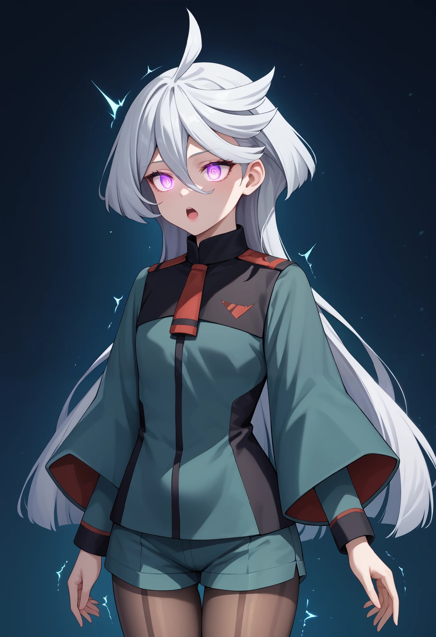 score_9, score_8_up, score_7_up, score_6_up, source_anime, 1 girl, miorine rembran, ahoge, purple eyes, glowing eyes, grey hair, hair between eyes, long hair, swept bangs, asticassia school uniform, front-seamed legwear, green jacket, green shorts, jacket, long sleeves, pantyhose, pantyhose under shorts, school uniform, seamed legwear, shorts, shoulder boards, wide sleeves, ((hypno wave)), hypnotised, shaded face, painful expression,trembling, void eyes, opened mouth,cowboy shot,simple background