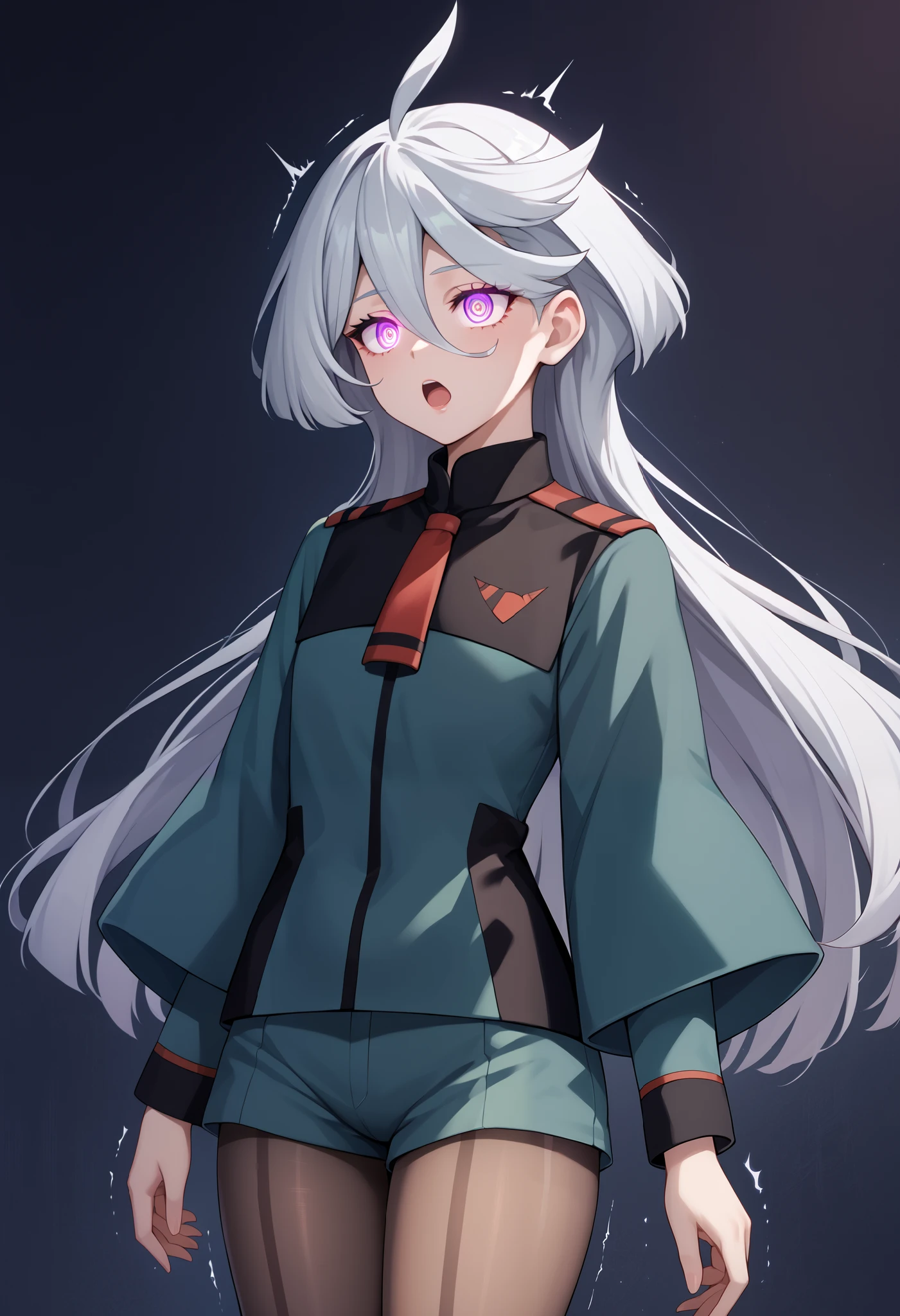 score_9, score_8_up, score_7_up, score_6_up, source_anime, 1 girl, miorine rembran, ahoge, purple eyes, glowing eyes, grey hair, hair between eyes, long hair, swept bangs, asticassia school uniform, front-seamed legwear, green jacket, green shorts, jacket, long sleeves, pantyhose, pantyhose under shorts, school uniform, seamed legwear, shorts, shoulder boards, wide sleeves, ((hypno wave)), hypnotised, shaded face, painful expression,trembling, void eyes, opened mouth,cowboy shot,simple background