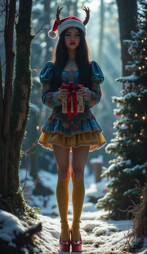 masterpiece, highest quality, high quality photo 8k, cinematic lighting, deep shadow, 1 girl, german girl as snow white sitting on here lnees in the winter forest, beautiful face, snow white pale skin, red lipstick, bright blue eyes, fearless smile, smooth and soft skin,( extremely skinny anorexic body:2.2), slender slim tall body, ((extremely long skinny legs:1.9)), ((Long black shiny hair with a red and white santa hat on here head )), holding a red and white christmas present, looking at the camera, (standing in the dark enchanted winter forest with lots of snow and various wild animals around her), (morning lighting with bautiful sunlight through the whinter forest), (a lit christmas tree in the background), model posing, front view, ((cowboy photo)), (snow white dress in blue color with red details on the puffed sleeves and short yellow mini skirt), santa hat on here head, (Long yellow silk stockings),( red platform high heels), (20 inch platform high heels), intense lighting, ((Morning: 1.5)), behind here is a dark black scary evil looking santa with horns,