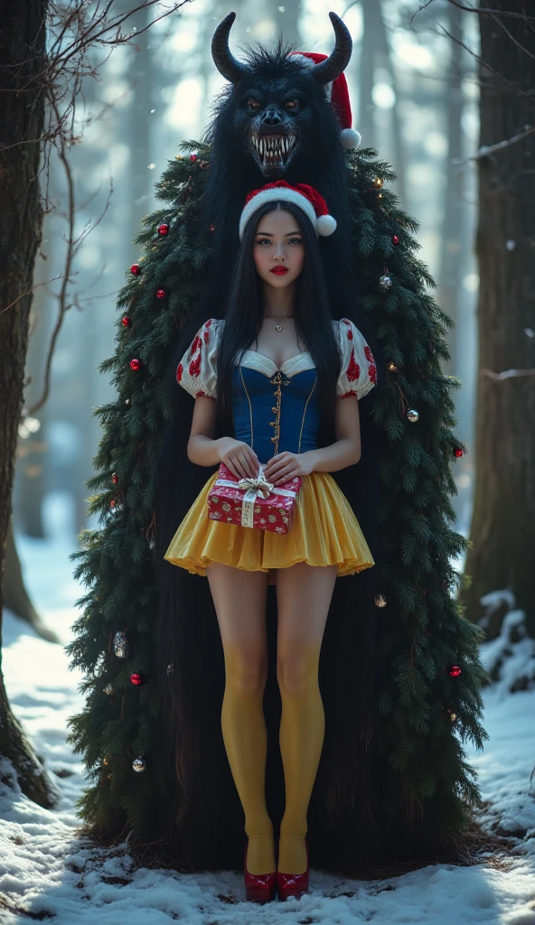 masterpiece, highest quality, high quality photo 8k, cinematic lighting, deep shadow, 1 girl, german girl as snow white sitting on here lnees in the winter forest, beautiful face, snow white pale skin, red lipstick, bright blue eyes, fearless smile, smooth and soft skin,( extremely skinny anorexic body:2.2), slender slim tall body, ((extremely long skinny legs:1.9)), ((Long black shiny hair with a red and white santa hat on here head )), holding a red and white christmas present, looking at the camera, (standing in the dark enchanted winter forest with lots of snow and various wild animals around her), (morning lighting with bautiful sunlight through the whinter forest), (a lit christmas tree in the background), model posing, front view, ((cowboy photo)), (snow white dress in blue color with red details on the puffed sleeves and short yellow mini skirt), santa hat on here head, (Long yellow silk stockings),( red platform high heels), (20 inch platform high heels), intense lighting, ((Morning: 1.5)), behind here is a dark black scary evil looking santa with horns,