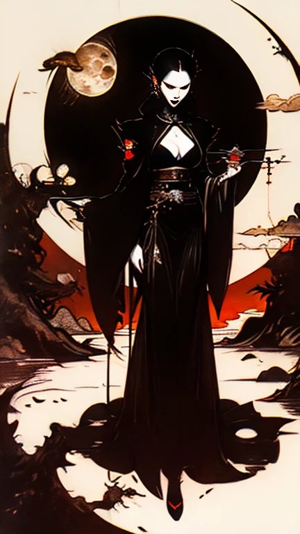 Goth japanese vampire woman, holding an stake under the moonlight, full moon 