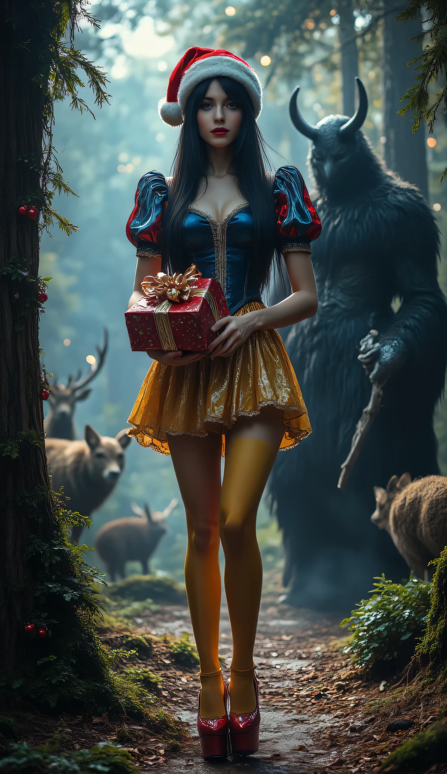 masterpiece, highest quality, high quality photo 8k, cinematic lighting, deep shadow, 1 girl, german girl as snow white sitting on here lnees in the winter forest, beautiful face, snow white pale skin, red lipstick, bright blue eyes, fearless smile, smooth and soft skin,( extremely skinny anorexic body:2.2), slender slim tall body, ((extremely long skinny legs:1.9)), ((Long black shiny hair with a red and white santa hat on here head )), holding a red and white christmas present, looking at the camera, (standing in the dark enchanted winter forest with lots of snow and various wild animals around her), (morning lighting with bautiful sunlight through the whinter forest), (a lit christmas tree in the background), model posing, front view, ((cowboy photo)), (snow white dress in blue color with red details on the puffed sleeves and short yellow mini skirt), santa hat on here head, (Long yellow silk stockings),( red platform high heels), (20 inch platform high heels), intense lighting, ((Morning: 1.5)), behind here is a dark black scary evil looking santa with horns,