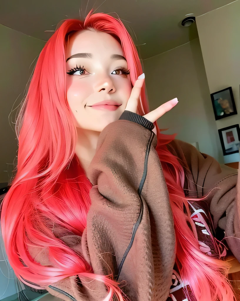 "Take a captivating selfie featuring a young woman with vibrant pink hair, styled in loose, flowing waves. Position her seated on a cozy chair by a window with natural light streaming in, highlighting her glowing skin and bright hair. She should hold the camera at a slightly higher angle while tilting her head playfully, gazing directly into the lens with a warm and confident smile. One hand rests casually on her cheek, while the other holds the phone. The background shows soft, pastel décor or a cozy indoor vibe, complementing her lively appearance. Ensure the shot conveys a cheerful and effortless charm."