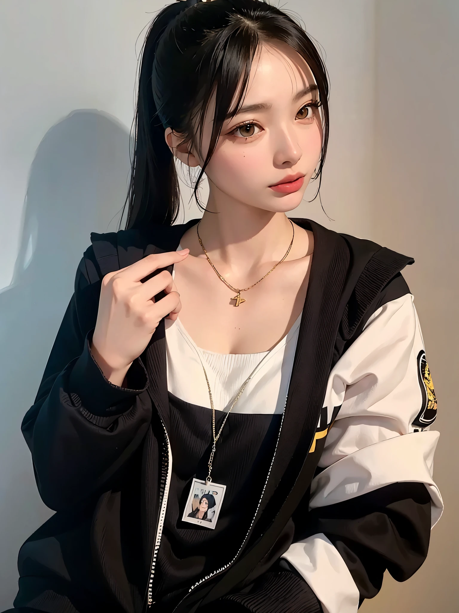  realistic , 1. Female,  top quality, 12K,  high definition ,  long hair,  Big, Round Breasts ,  clevis,  ponytail,  Necklaces , gem, Shorts,  short jacket,  slim hips , Hair ties,  yellow eyes,  black hair ,  super detailed, Eye details, Hair Details, person details, Mouth details,  Face Details , Chest Details, Clothing Details, Hair Details, Pants Details, Hand Detail, whole body