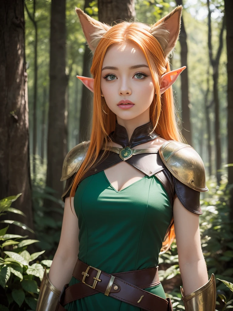 (masterpiece), best quality, expressive eyes, perfect face, one adventurous girl, (1 girl, elf ears, blonde hair, green eyes, green dress, jewelry, magic user), (1 girl, elf ears, orange hair, brown eyes, leather armor, fighter), magical forest background