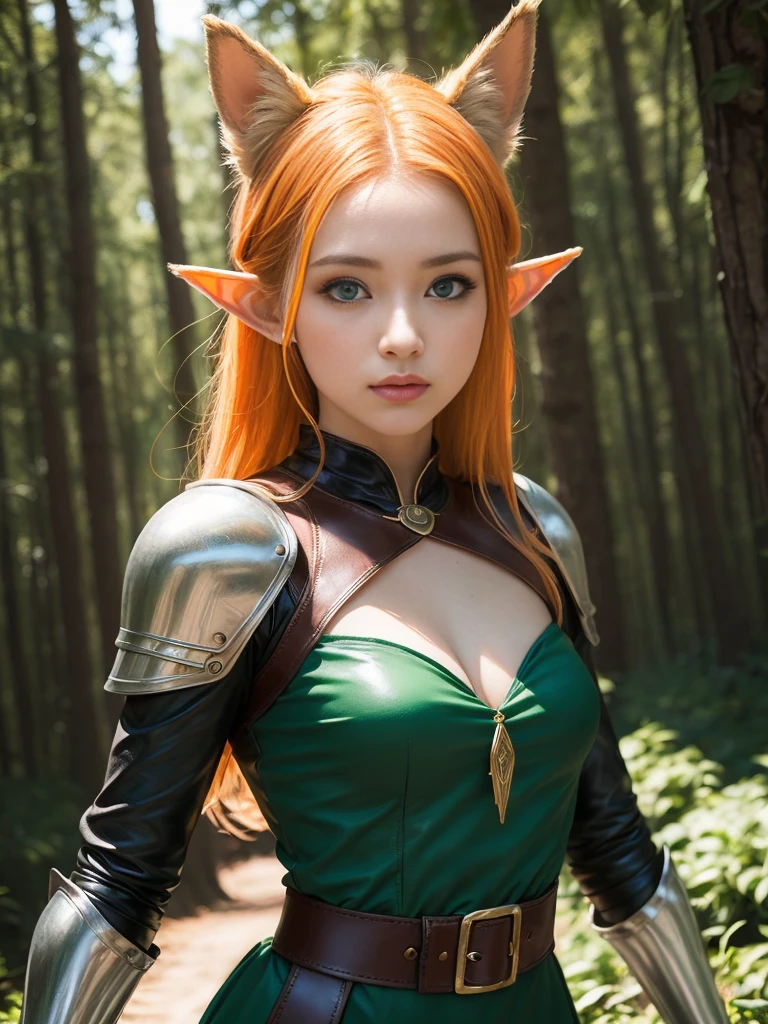 (masterpiece), best quality, expressive eyes, perfect face, one adventurous girl, (1 girl, elf ears, blonde hair, green eyes, green dress, jewelry, magic user), (1 girl, elf ears, orange hair, brown eyes, leather armor, fighter), magical forest background