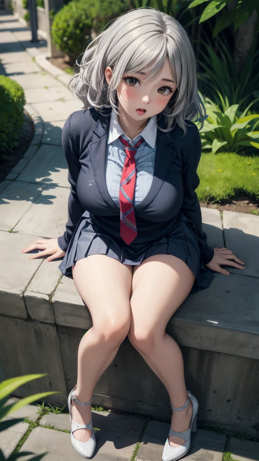 ((masterpiece,intricate details)),realistic, photorealistic,1girl,mature female,brown eyes,blush,
Voluminous afro,,silver hair,
:o,
large breasts,
thick thighs,
put one's legs together:1.2,
school uniform,
necktie,
pleated skirt,
white legwear,
wedge heels,
cameltoe,rainforest,cumulonimbus,((upper body)),
from above,
depth of field,looking at viewer,