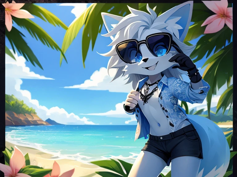 Light blue fox, flower, hair, detailed body, open shirt, shorts, beach background, messy hairstyle, sunglasses, blue eyes, wide smile, gothic art, best quality, high quality, taste, masterpiece, beach background 