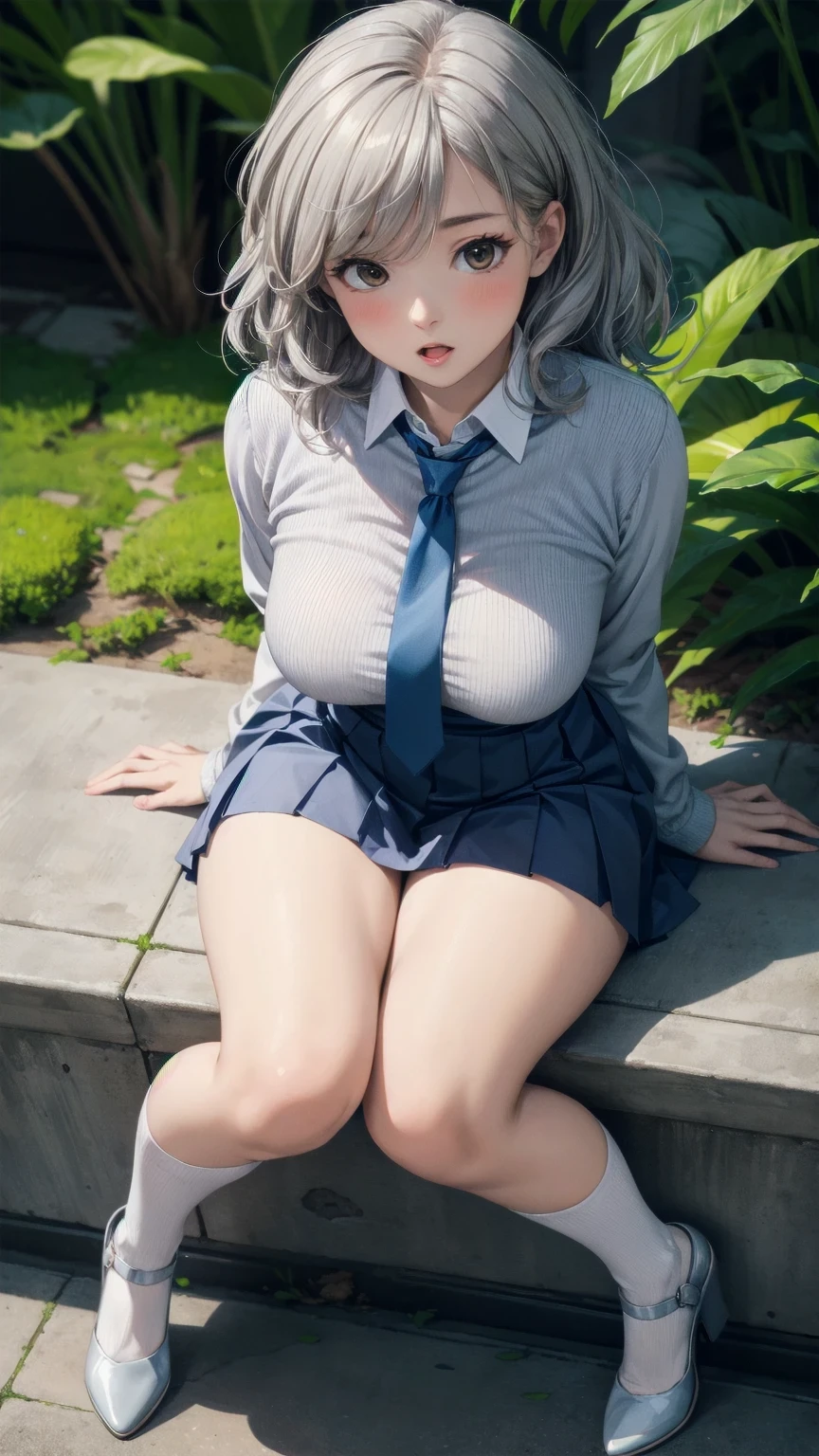 ((masterpiece,intricate details)),realistic, photorealistic,1girl,mature female,brown eyes,blush,
Voluminous afro,,silver hair,
:o,
large breasts,
thick thighs,
put one's legs together:1.2,
school uniform,
necktie,
pleated skirt,
white legwear,
wedge heels,
cameltoe,rainforest,cumulonimbus,((upper body)),
from above,
depth of field,looking at viewer,