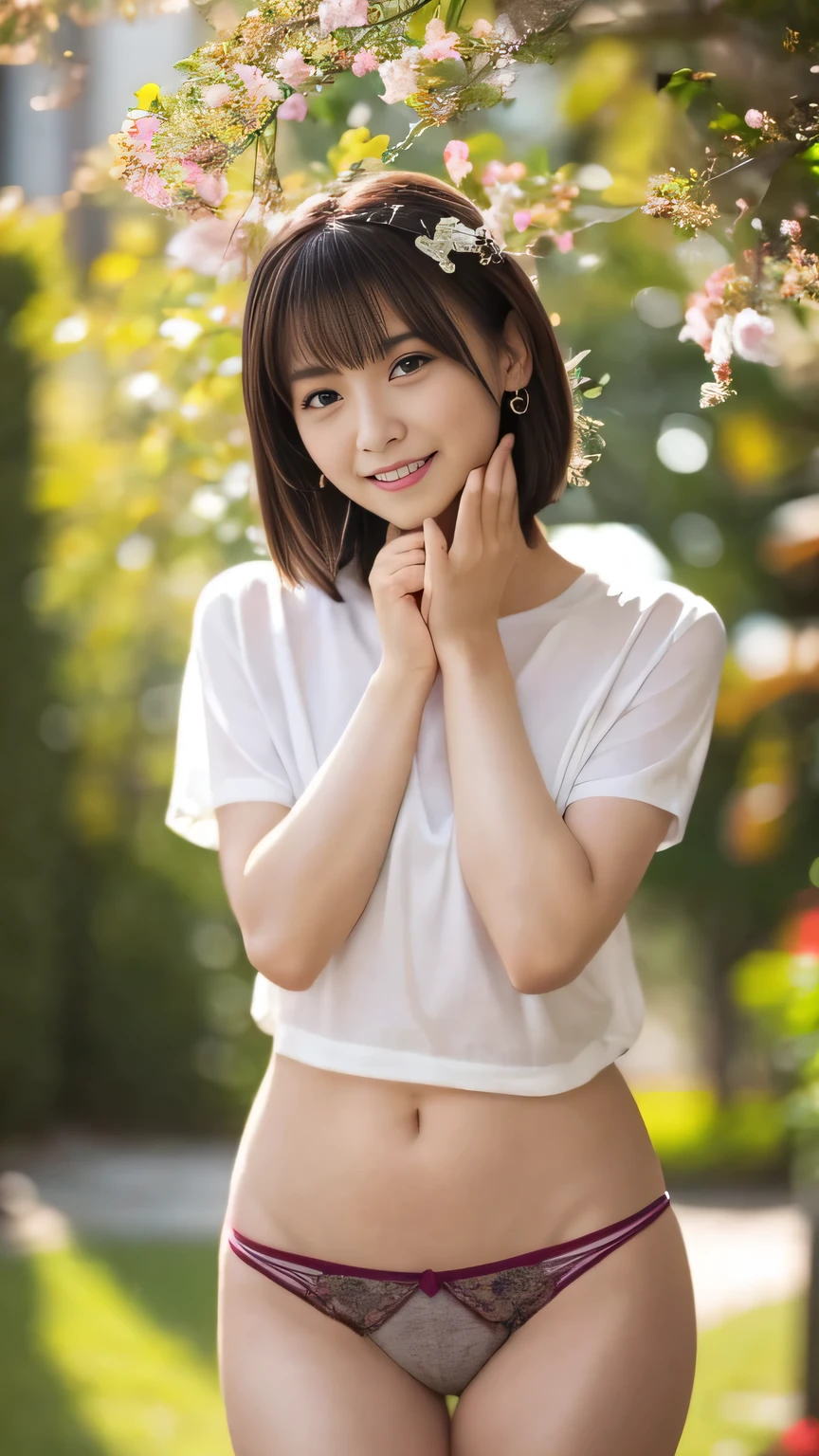 (Full body),(Light blue sleeveless cardigan:0.0),(white tank tops), croptop, Lens 135mm f1.8, (Best Quality),(Raw photo), (masutepiece:1.1), (Beautiful  Japan one girl), cute face,Dappled sunlight, Dramatic Lighting、(Pink floral panty_shorts:0.0),(beautiful thigh),Medium Hair, (Smile),(Sparkling eyes)、Photo from the thigh up, the face and body are directed in the direction of the viewer, wearing bikini, nsfw,
