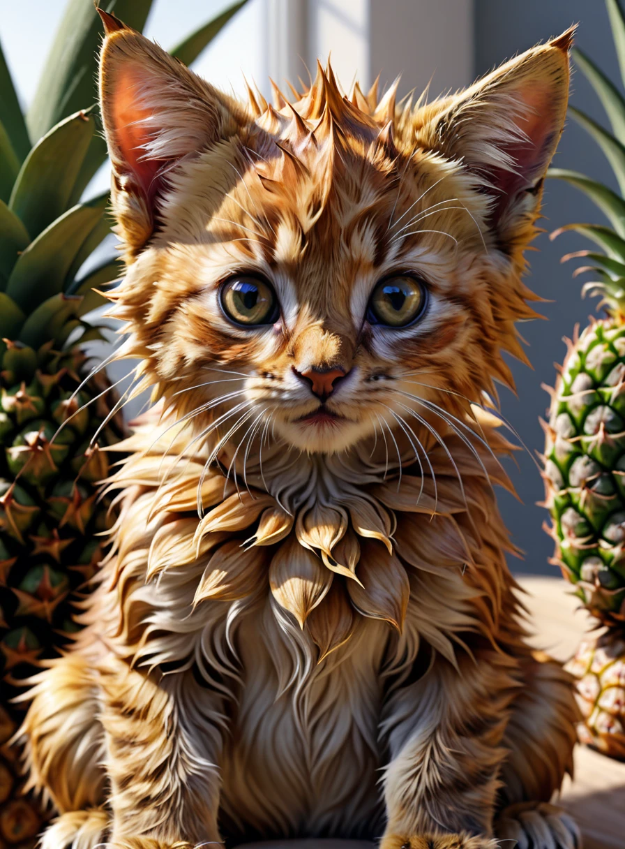 detailed realistic close up of a  pineaple colors like a kitten, sitting, natural light