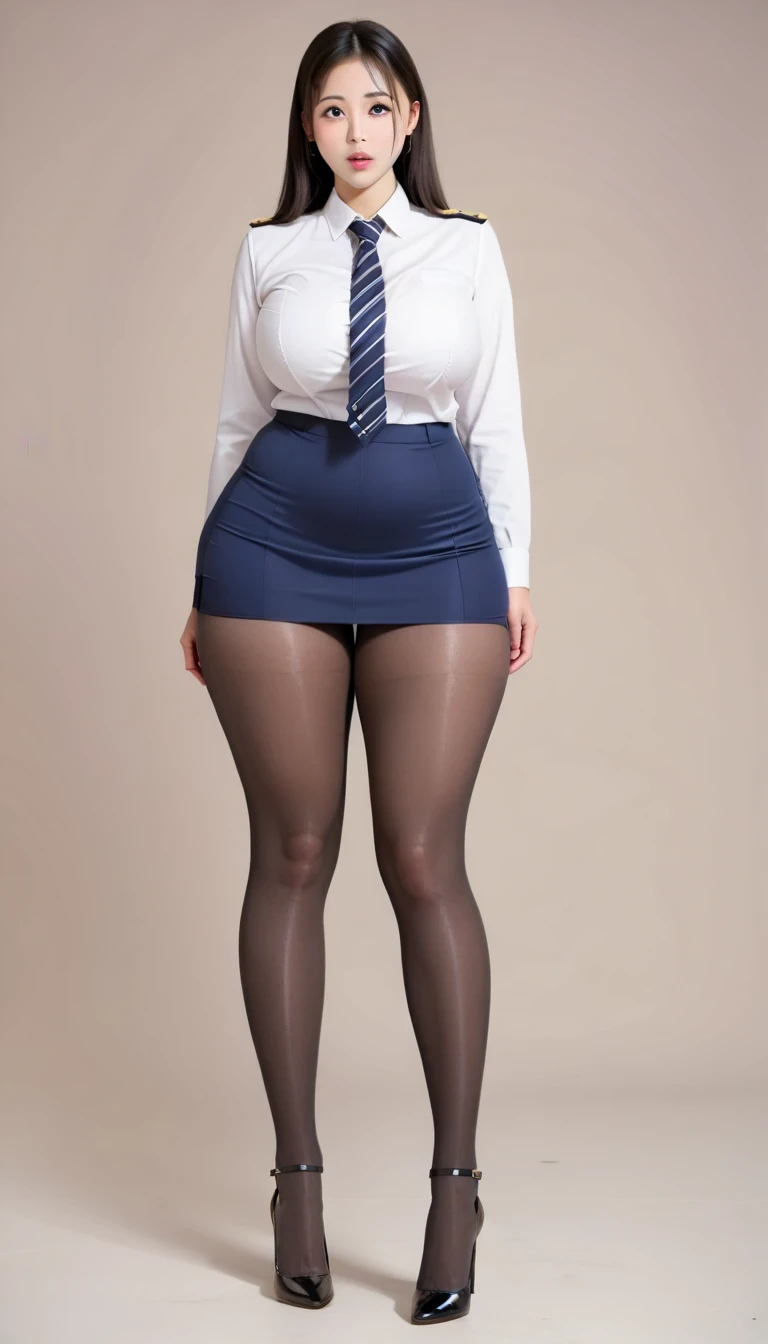 Ultra-realistic, best quality , High image quality, Details, high definition , 8k, 超 high definition , soft saturation, professional quality, Perfect Contrast, perfect lighting, great quality, (Composition away from the subject:1.2), ( Three Beautiful Secretaries Stand Side By Side At The Reception Desk), ( full body photo from face to ankle :1.2), ( perfect anatomy:1.4), Young Beautiful Secretaries , Beautiful Secretaries Are 18, 22, and 24 Years Old , ( Beautiful secretaries emphasize miniskirt and black pantyhose legs and high heels:1.2) (Beautiful Secretaries Are Top Class ), ( Beautiful Secretaries Wear White Shirts, Navy Ties, and Navy Blue Tight , Black Pantyhose, and Black High Heels:1.4), ( I looked up at a woman in a miniskirt and black pantyhose), Front view shot , (8k), ( best quality: 1.5), Very Details, Golden Ratio, (Big Breasted :1.2), huge breasts, cleavage, Large build, (Japanese gal:1.2), ( Super Cute Faces :1.2), Blonde, Shorthair, A flushed expression, gal's heavy makeup, Sweaty skin, Dripping Sweat, dark-skinned woman , Very curvaceous, shot from the front, (Black pantyhose without reinforcement :1.2), ( black enamel high heels that are red and have high heels :1.4), (Very wide thighs:1.6), ( very long legs :1.4), ( tight miniskirt is unshiny black, very short ),(The skirt is very short), ( very long legs :1.2), (Very wide thighs:1.2), (plump legs), Faces Surprised by Voyeurism , dark brown eyes, ( Perfect Body ), Perfect breasts, Perfect Arms, (Perfect Legs), Perfect Skin, Beautiful Skin, hyperbreasted , Short waist, wide hips, huge ass, Young woman, Simple, Tight, Mini-Length Office Uniform, A woman with a short upper body, ( big breasts:1.2), thin waist, (A well-trained body)