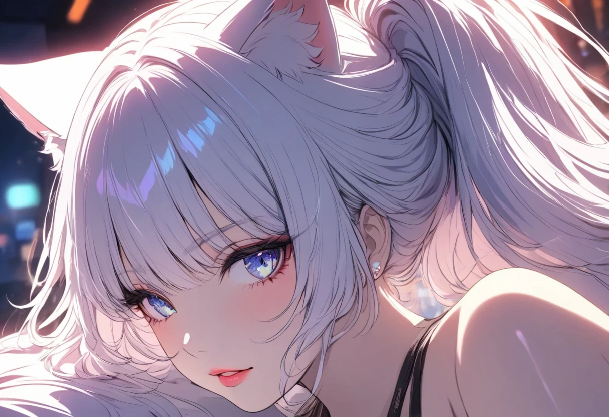 (((Best quality, 8k, Masterpiece: 1.3)), ((best quality)), ((masterpiece)), (detailed), perfect face, perfect body, (detailed skin:1.3), (intricate details), white hair, hime cut, cat ears, wolf cut hair, cowboy shot