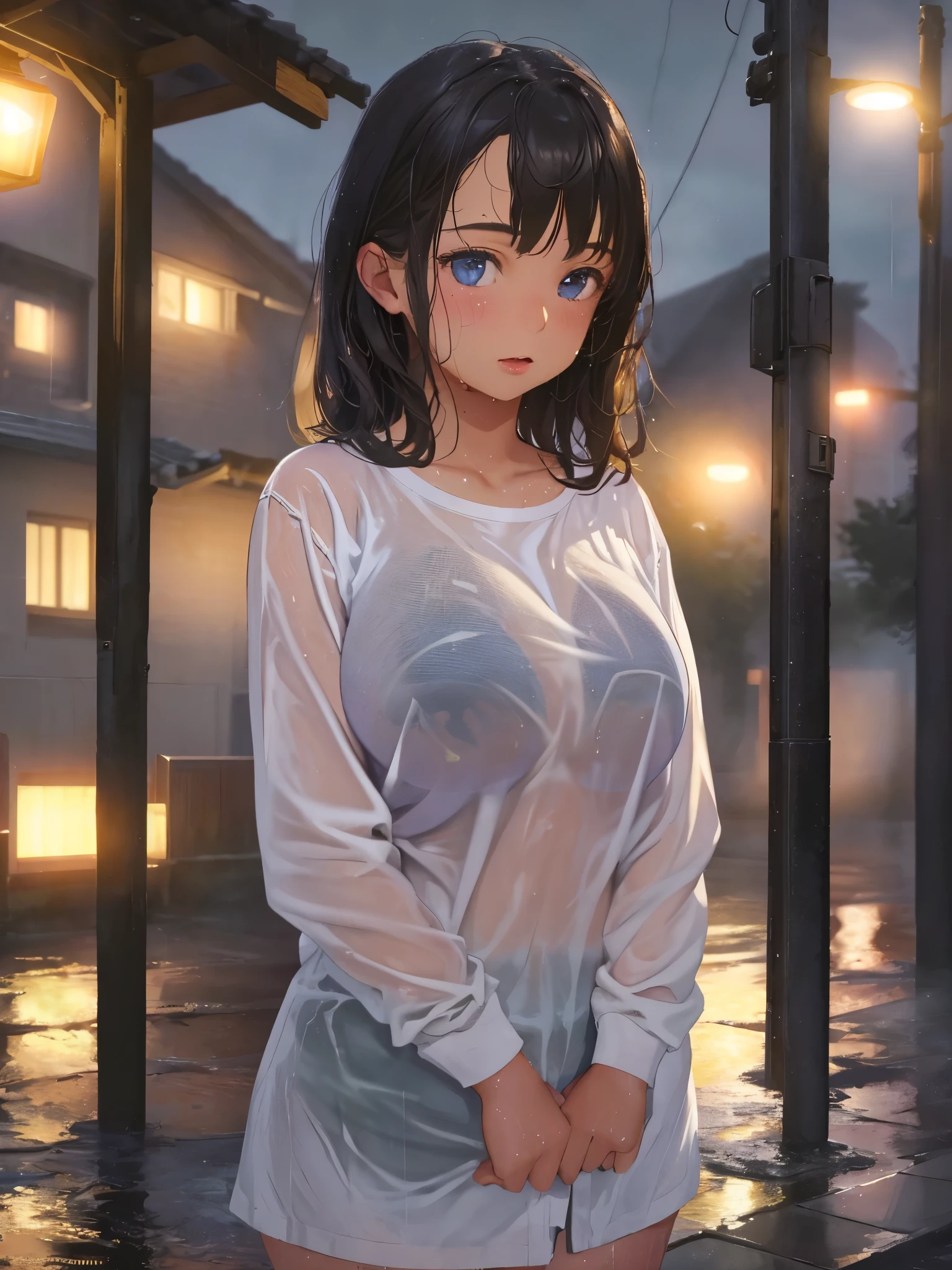 1girl, 18 years old, mix4, (8k, RAW photo, best quality, masterpiece:1.2), (realistic, photorealistic:1.37), cute, night, rain, humid, professional lighting, photon mapping, radiosity, physically based rendering, ultra resolution, (big breasts:1.2), loose shirt, wet