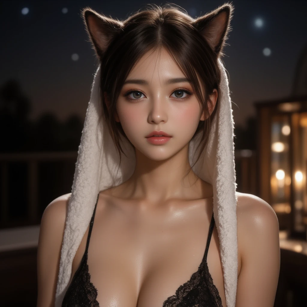 Cat ears、 hide your body with a bath towel、Sensual posture 、  attractive, desire, Obscene,  Beauty,   attractive体のラインの  , ((   fine facial features  , makeup、 eroticism)),   dramatic lighting   ,  realistic , 8k,     Dramatic Shadows  ,    intricate and elaborate patterns     ,      super detailed photo      ,     chiaroscuro lighting   ,     Pleasant colors   ,     deep contrast    ,    super real 、 pink lipstick、 deep cleavage、bewitching、 Outdoor Bath、 A Beautiful Night Sky 、 full body view、Drawing composition、Big Breasts:1.3、 cinematic composition、 wet skin 、bathing、Sit on the edge of the bath 、 crosses legs、 erect nipples 