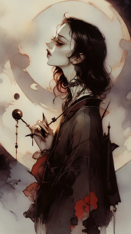 Goth japanese vampire woman, holding an stake under the moonlight, full moon, complex, elegant, centered, mysterious concept, yoshitaka Amano watercolor illustration style