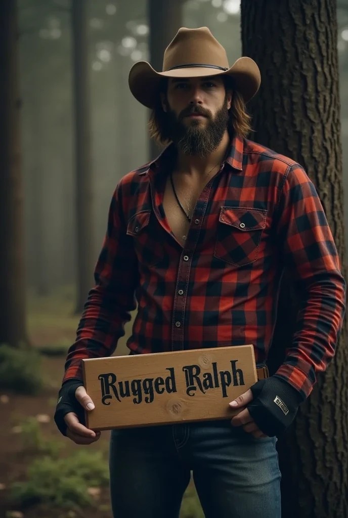 A rugged, bearded man wearing a red and black checkered flannel shirt, cowboy hat, and fingerless gloves, leaning casually against a tall tree in a dense forest. He holds a wooden sign with 'Rugged Ralph' written in bold, rough handwriting. The atmosphere is misty and mysterious, with sunlight streaming through the trees, highlighting the man’s tough and confident demeanor