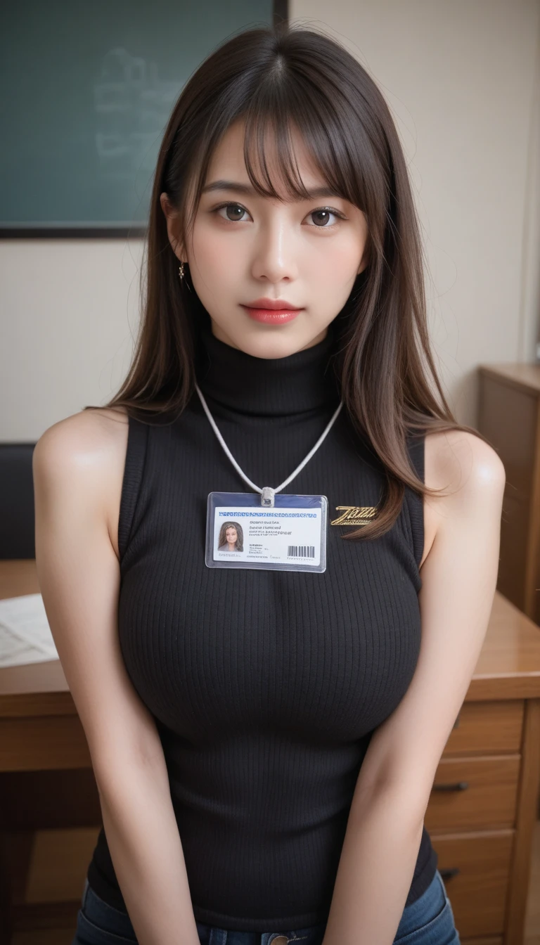 ((  masterpiece ,  higher quality , Highest image quality,  High resolution ,  photorealistic , foto RAW,  extremely detailed unified CG background image in 8k)), 1 , Alone, beautiful young woman, 20 years,  realistic skin texture ,  shiny skin, desk,  thigh-high black socks , Garter of half , turtleneck,  identification card, cord, sleeveless,  perfect body,  huge natural breasts, Looking presumptuous ,  upper body ,