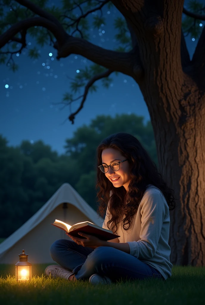 Young sits on the grass reading a book, long black curly hair, wearing glasses, delicate smile, bright brown eyes, looking up at the sky, lamp light, whole body, under a huge tree, farther view, a tent in the background, starry sky, illuminated night, photographic effect, 8k, super detailed, hyper realistic.