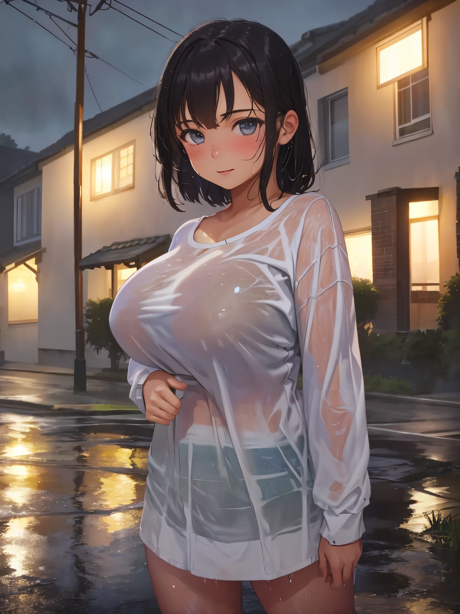 1girl, 18 years old, mix4, (8k, RAW photo, best quality, masterpiece:1.2), (realistic, photorealistic:1.37), cute, night, rain, humid, professional lighting, photon mapping, radiosity, physically based rendering, ultra resolution, (big breasts:1.2), loose shirt, wet