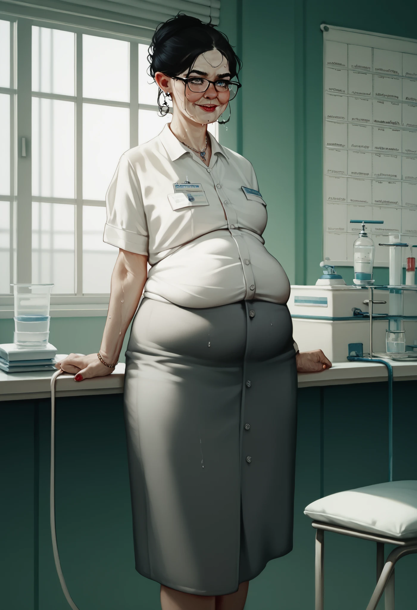 Max caufield, one girl, hospital background, stringy black hair, sweaty, pale skin, sickly, wearing a business skirt and blouse, ugly woman,  ((skinny girl)), (fat belly))