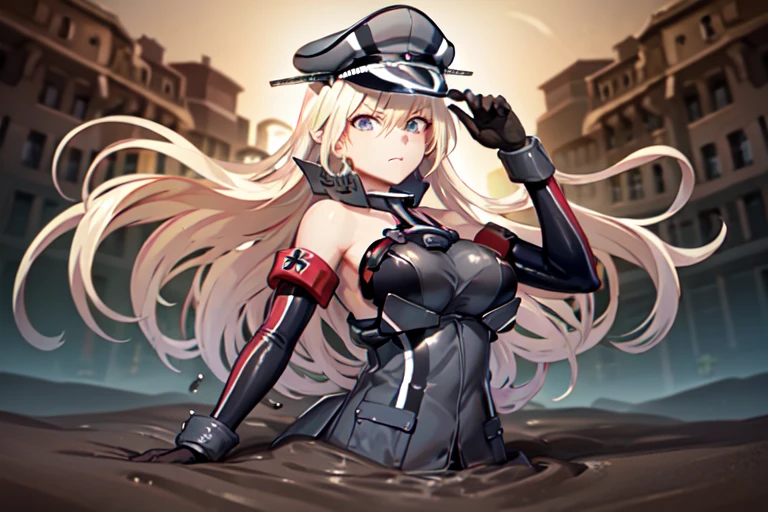 score_9, score_8_up, score_7_up, 1girl, solo, bismarck_\(kancolle\), 1girl, blonde hair, hat, long hair, blue eyes, gloves, military, brown gloves, peaked cap, military uniform, uniform, bare shoulders, detached sleeves, military hat, iron cross, breasts,anchor, large breasts, long sleeves, masterpiece, best quality, (oriental:1.2), partially submerged, flooding up to the chest, upper body, jungle background blurry, anime face, trembling, (half upper body:1.2), Quicksand, Quick Sand, arms stuck in quicksand, up to chest in quicksand, moaning, shortstack figure, breasts pushed up by quicksand, standing in quicksand, half body submerged in quicksand, playing in mud, sticky mud, d:, raised eyebrows, 