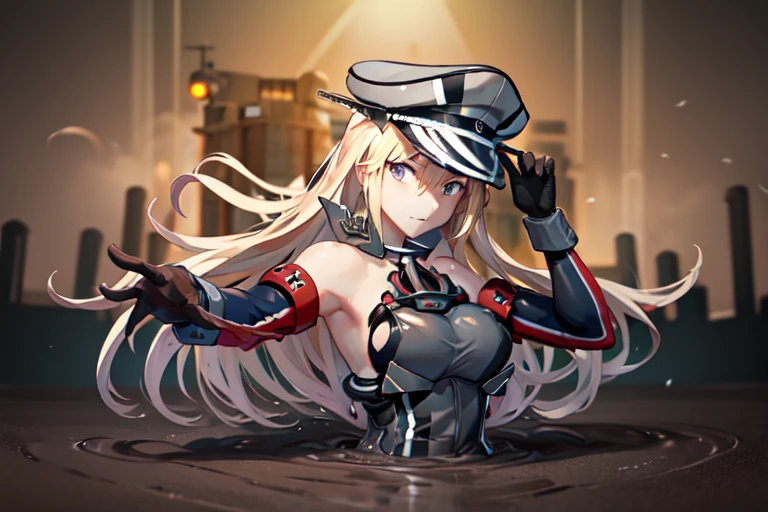 score_9, score_8_up, score_7_up, 1girl, solo, bismarck_\(kancolle\), 1girl, blonde hair, hat, long hair, blue eyes, gloves, military, brown gloves, peaked cap, military uniform, uniform, bare shoulders, detached sleeves, military hat, iron cross, breasts,anchor, large breasts, long sleeves, masterpiece, best quality, (oriental:1.2), partially submerged, flooding up to the chest, upper body, jungle background blurry, anime face, trembling, (half upper body:1.2), Quicksand, Quick Sand, arms stuck in quicksand, up to chest in quicksand, moaning, shortstack figure, breasts pushed up by quicksand, standing in quicksand, half body submerged in quicksand, playing in mud, sticky mud, d:, raised eyebrows, 