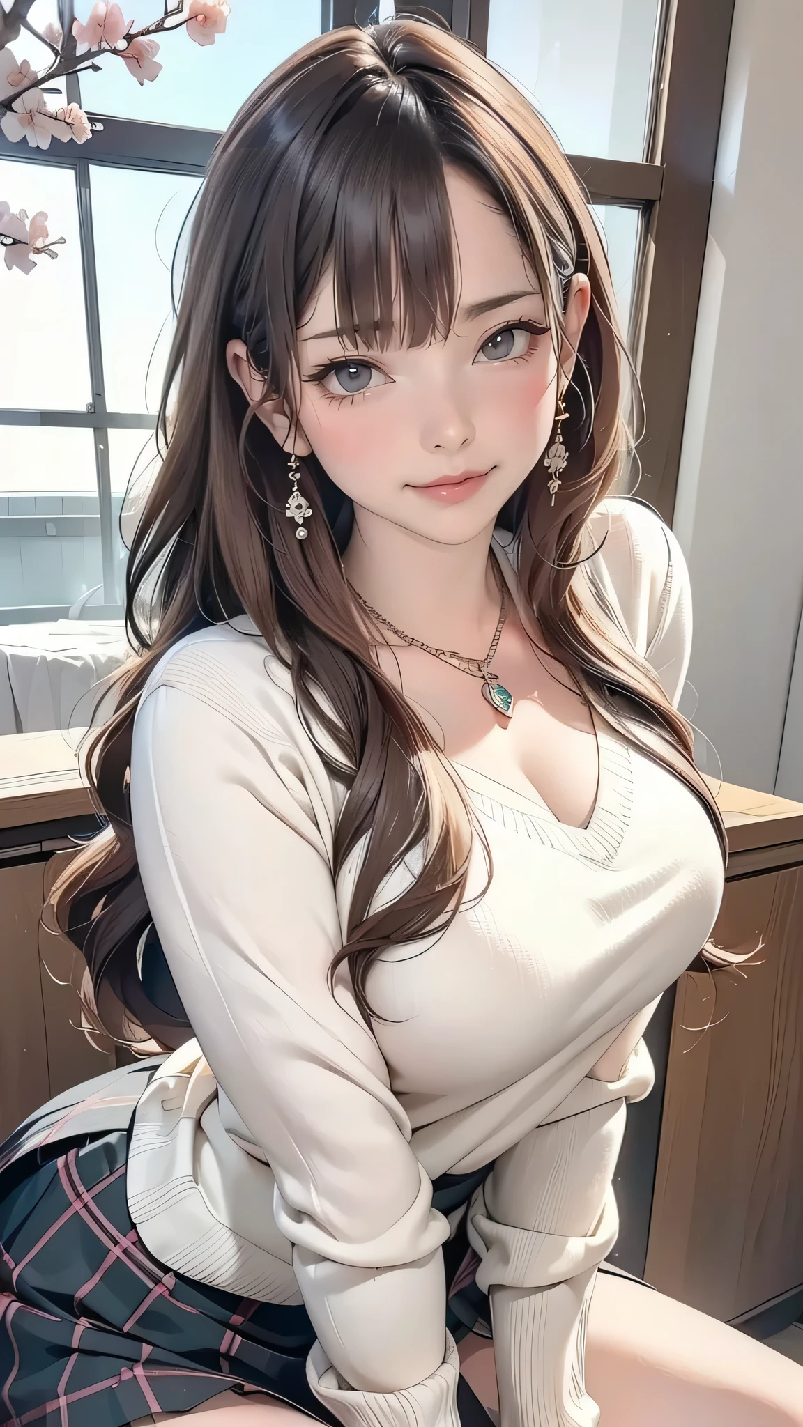 ((table top, highest quality, High resolution, nffsw, perfect pixel, written boundary depth, 4K, nffsw, nffsw))), 1 girl, single, alone, beautiful anime girl, beautiful art style, anime character, ((long hair, bangs, brown hair)), ((green eyes:1.4, round eyes, beautiful eyelashes, realistic eyes)), ((detailed face, blush:1.2)), ((smooth texture:0.75, realistic texture:0.65, realistic:1.1, Anime CG style)),  dynamic angle,  ((throw, Selfie Pose, portrait)), ((Black sweater, long sleeve, black skirt, plaid skirt, Fashionable, 1 diamond necklace)), smile,  amusement park, ((cherry blossoms, cherry blossomsの花が散る))