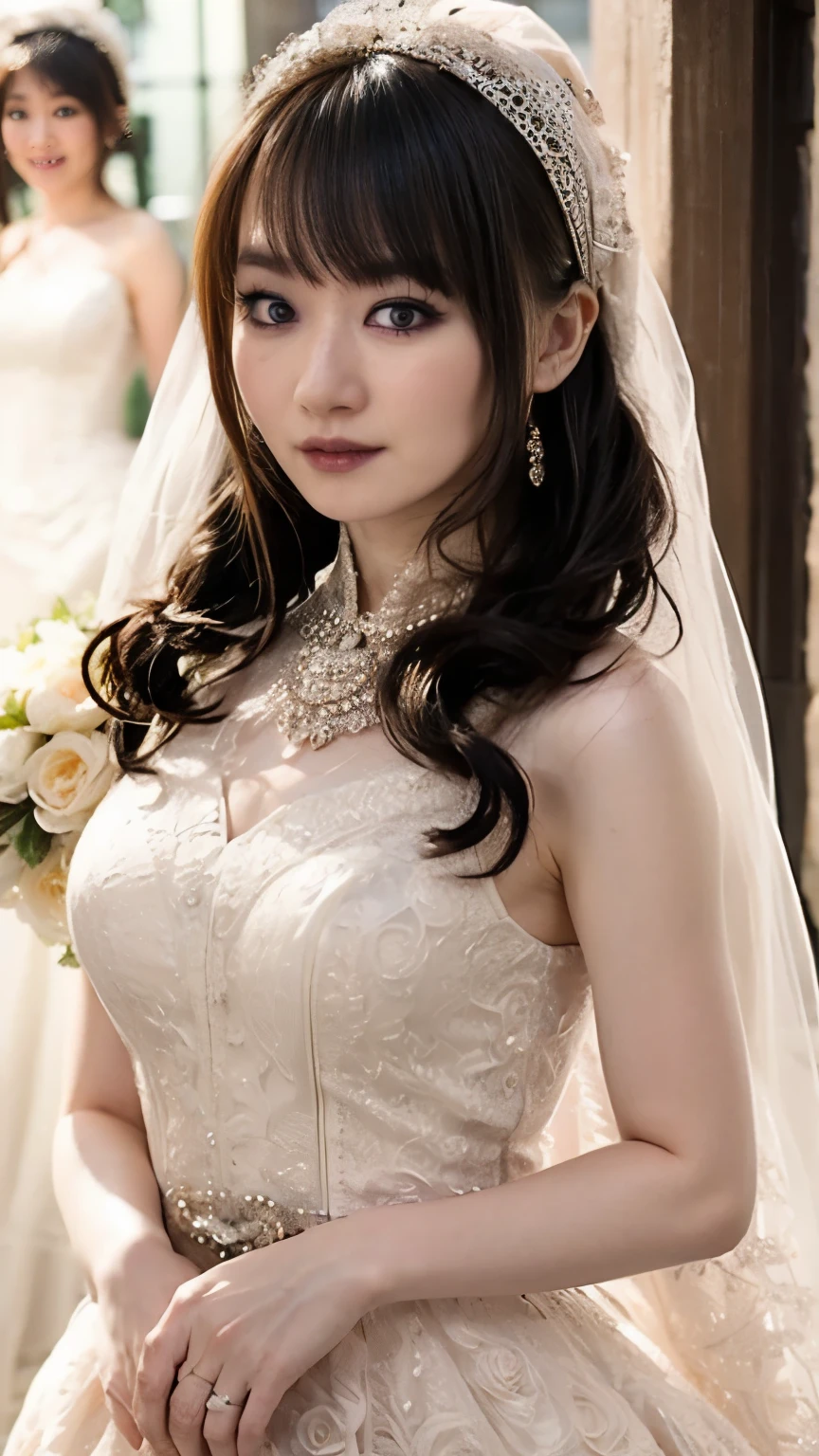 1 girl, alone focus,(bangs,long hair ),(full open wedding dress:1.5),highly detailed eyes, (white skin:1.1,heavy makeup), highest quality, Super detailed 