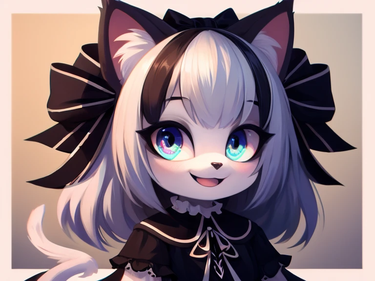 Furry girl, cat, white color, striped dye, hair ribbon, different colored eyes, wide smile, cute background, gothic art, best quality, high resolution 