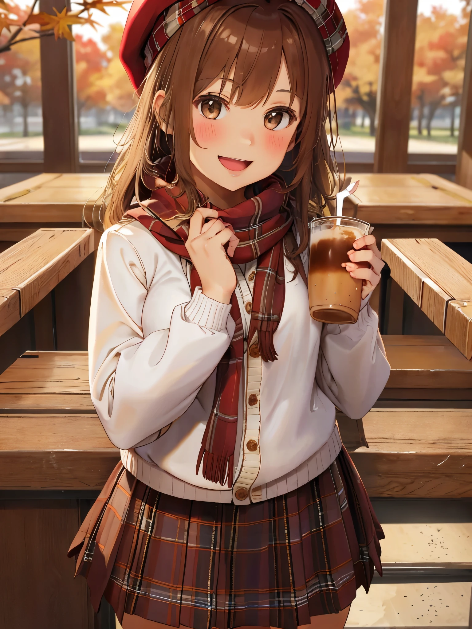 1girl, autumn leaves, bangs, black headwear, blurry background, blush, brown eyes, brown hair, brown scarf, brown skirt, cardigan, coffee, cowboy shot, cup, disposable cup, drink, falling leaves, beanie, holding, holding drink, leaf, long hair, long sleeves, looking at viewer, open cardigan, open mouth, plaid, plaid skirt, puffy long sleeves, red sweater, scarf, shirt, shirt tucked in, sidelocks, skirt, smile, solo, sweater, white shirt, extremely detailed, intricate, masterpiece, absurdres, tatiana.milovani