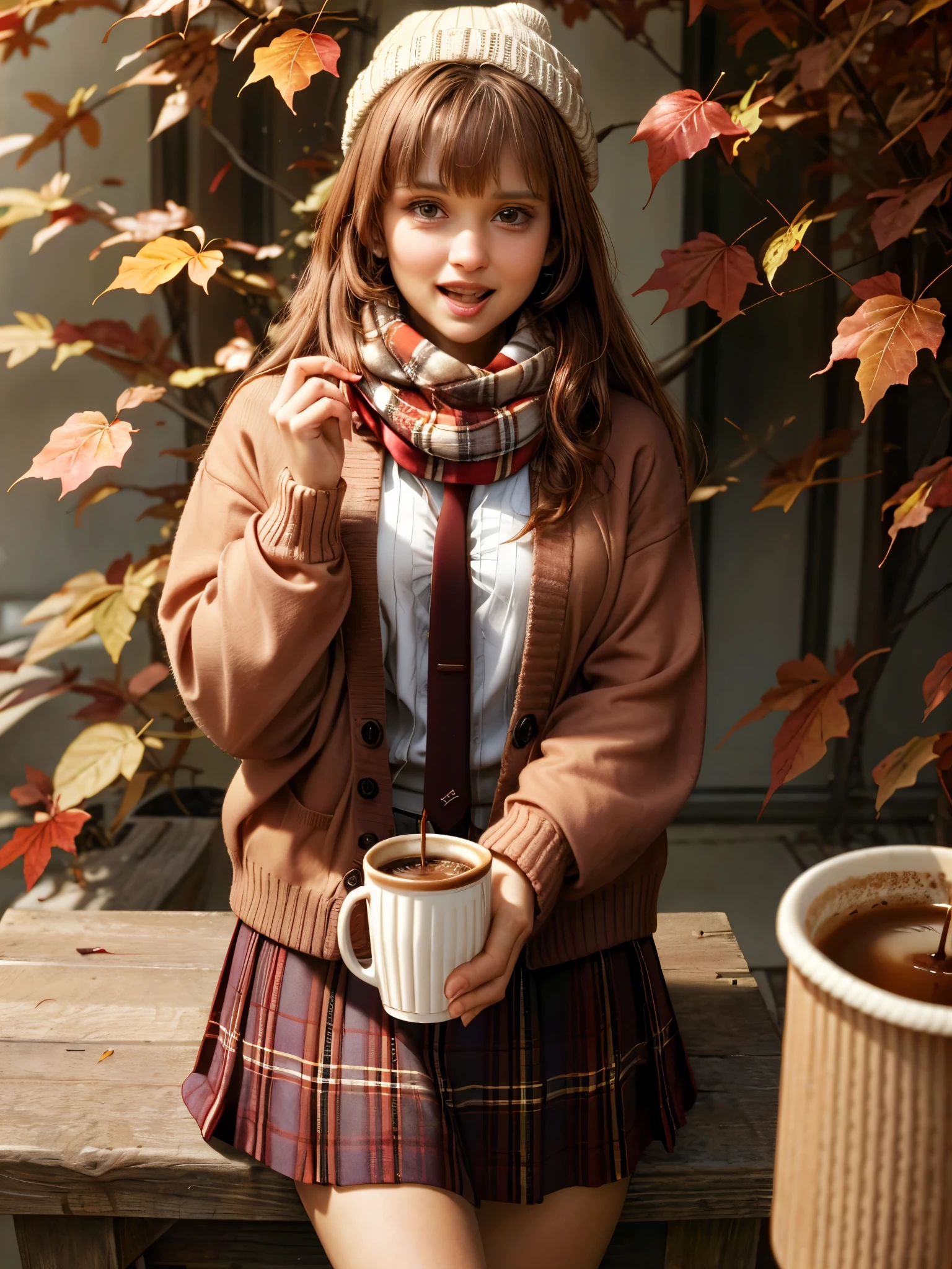 1girl, autumn leaves, bangs, black headwear, blurry background, blush, brown eyes, brown hair, brown scarf, brown skirt, cardigan, coffee, cowboy shot, cup, disposable cup, drink, falling leaves, beanie, holding, holding drink, leaf, long hair, long sleeves, looking at viewer, open cardigan, open mouth, plaid, plaid skirt, puffy long sleeves, red sweater, scarf, shirt, shirt tucked in, sidelocks, skirt, smile, solo, sweater, white shirt, extremely detailed, intricate, masterpiece, absurdres, tatiana.milovani