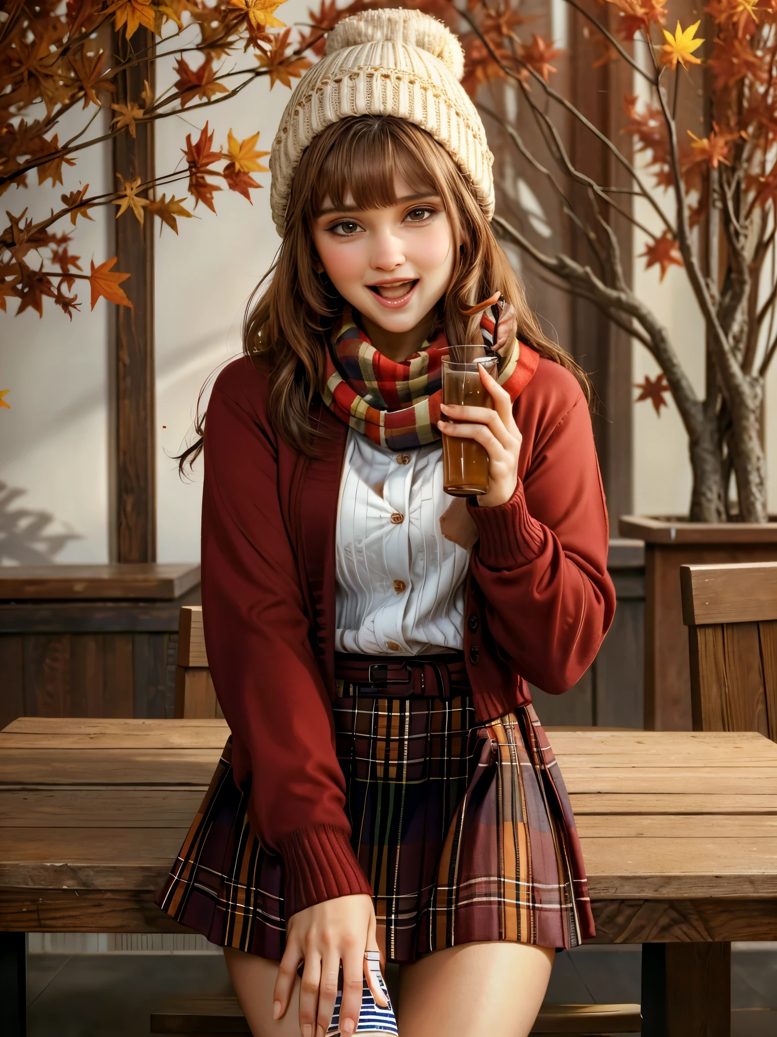 1girl, autumn leaves, bangs, black headwear, blurry background, blush, brown eyes, brown hair, brown scarf, brown skirt, cardigan, coffee, cowboy shot, cup, disposable cup, drink, falling leaves, beanie, holding, holding drink, leaf, long hair, long sleeves, looking at viewer, open cardigan, open mouth, plaid, plaid skirt, puffy long sleeves, red sweater, scarf, shirt, shirt tucked in, sidelocks, skirt, smile, solo, sweater, white shirt, extremely detailed, intricate, masterpiece, absurdres, tatiana.milovani