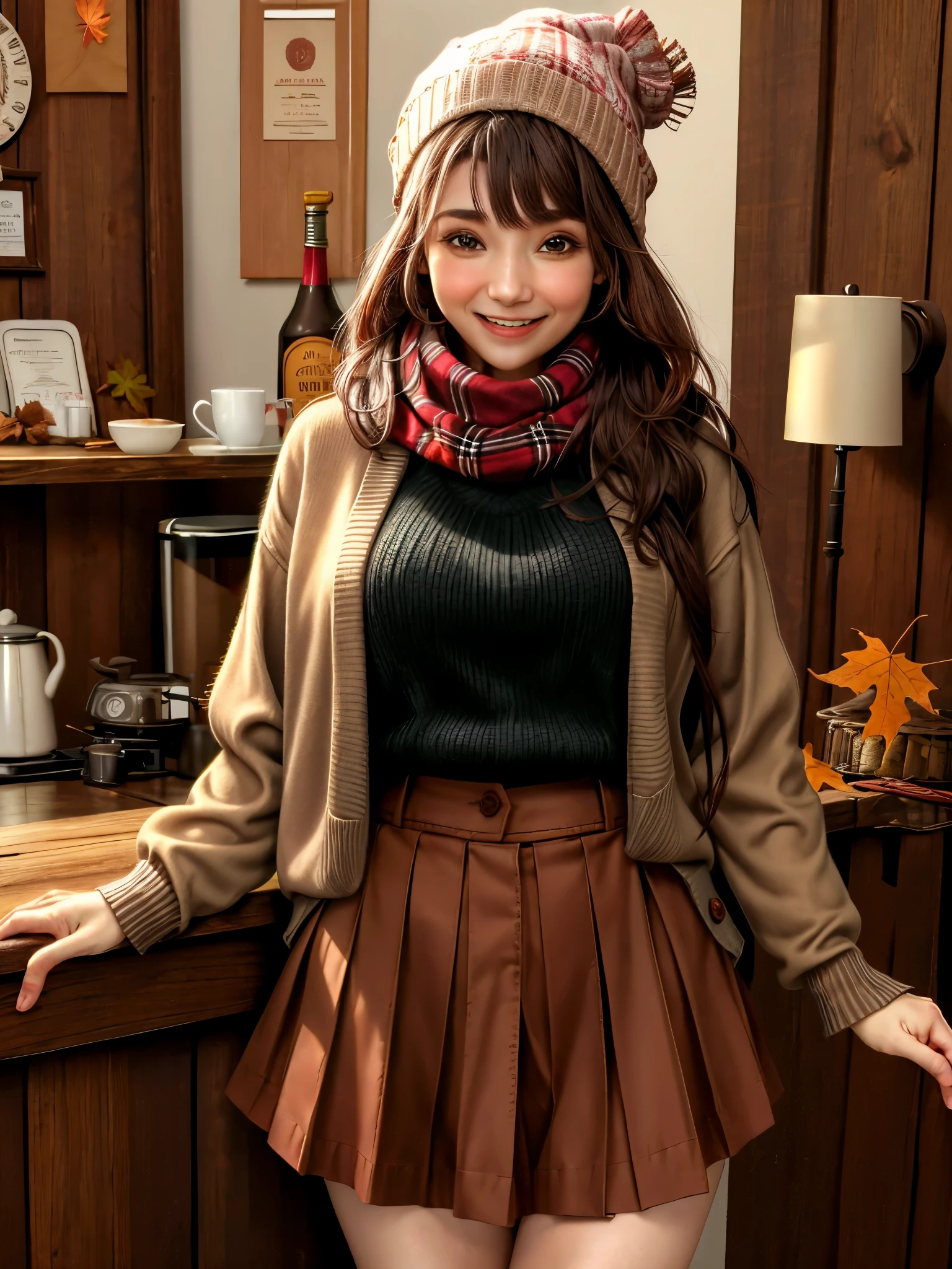 1girl, autumn leaves, bangs, black headwear, blurry background, blush, brown eyes, brown hair, brown scarf, brown skirt, cardigan, coffee, cowboy shot, cup, disposable cup, drink, falling leaves, beanie, holding, holding drink, leaf, long hair, long sleeves, looking at viewer, open cardigan, open mouth, plaid, plaid skirt, puffy long sleeves, red sweater, scarf, shirt, shirt tucked in, sidelocks, skirt, smile, solo, sweater, white shirt, extremely detailed, intricate, masterpiece, absurdres, tara.tainton