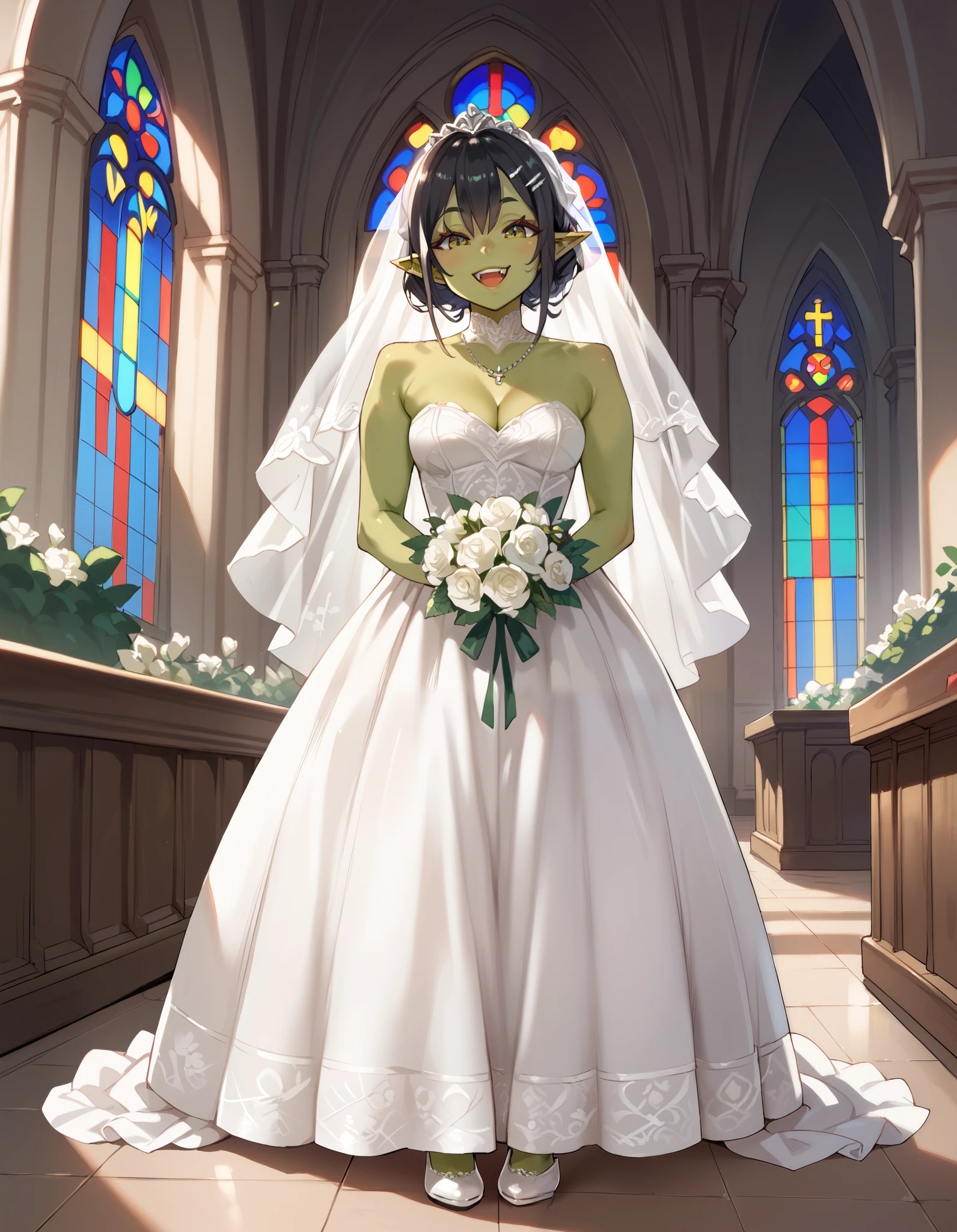 score_9, score_8_up, score_7_up, (((1 girl))), wedding_dress, green orc girl, indoors, church, happy face, standing, full body view